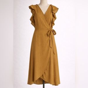 Who What Wear Gold Wrap Midi Dress – Ruffle Sleeve | Size Small